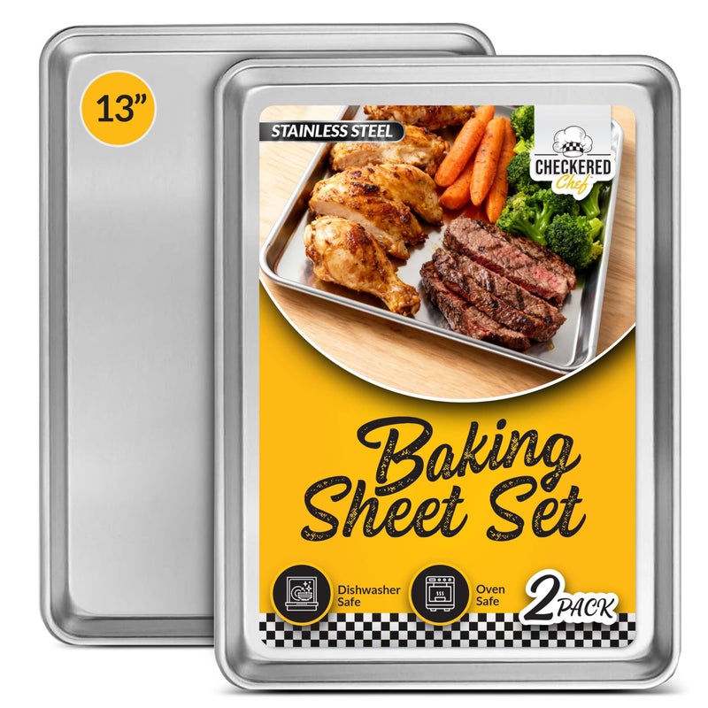 Checkered Chef Baking Sheet Set - 13" x 9.5" Stainless Steel Quarter Pans for Baking and Cooking (2 Pack) - Image 1